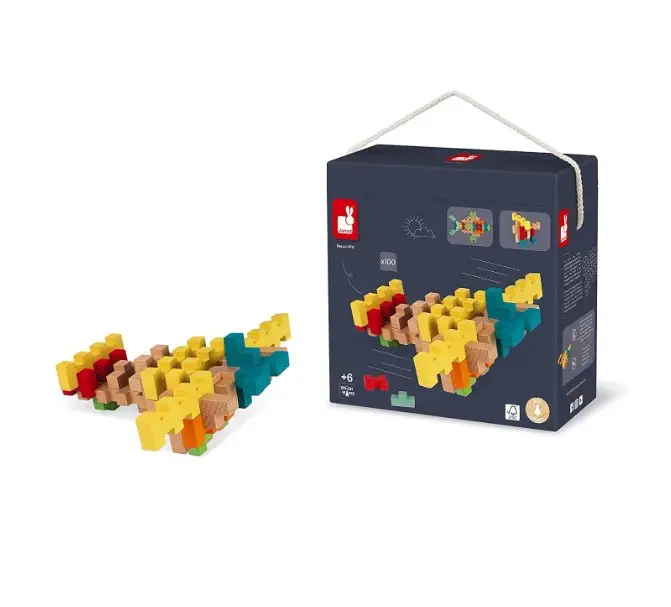Janod 100 Piece Wooden Building Kit with Notched Blocks